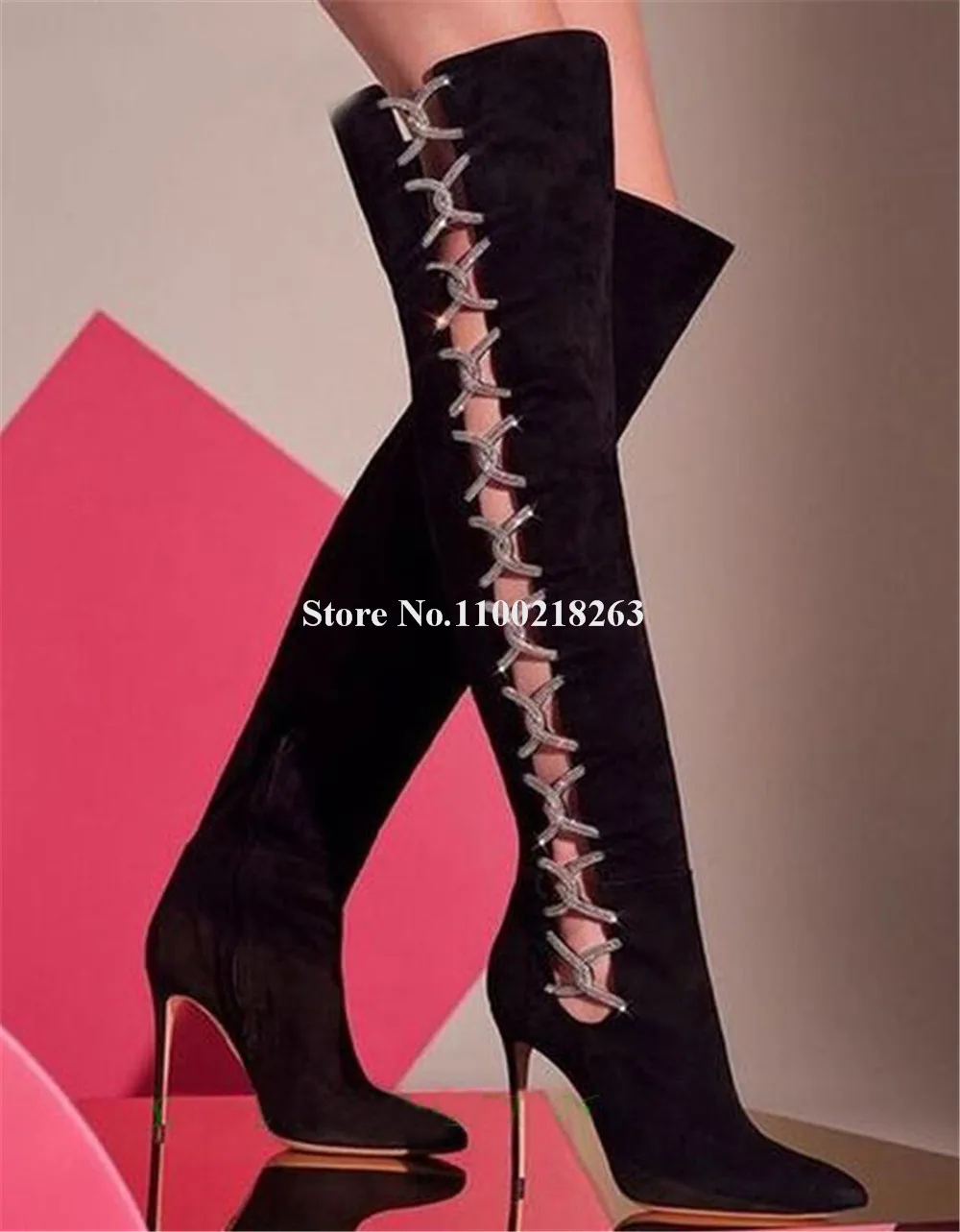 

Newest Women Black Suede Knee High Boots Sexy Pointed Toe Side Cut-out Lace-up Stiletto Heel Long Boots Party Dress Shoes