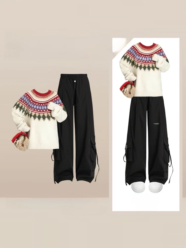 2025 invierno Faion Fair Isle suéter de punto pantalones de pierna ancha de cintura alta conjunto suelto de dos piezas Sle