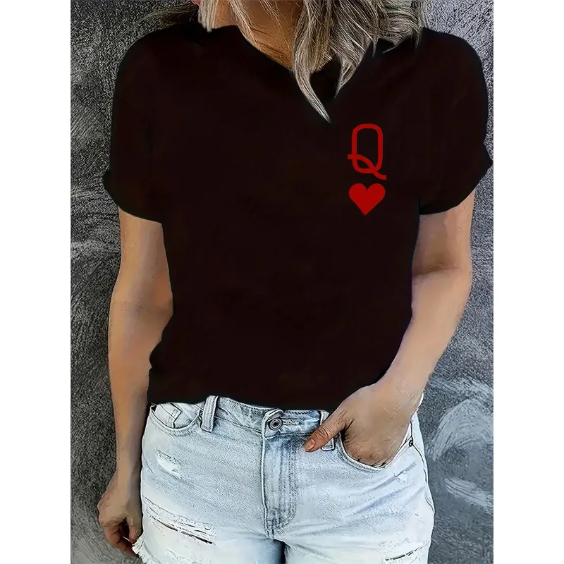 Tendenza moda donna Lettera Q a forma di cuore Stampa girocollo Manica corta Semplice Casual Cotone Moda Sport Top ampio da donna