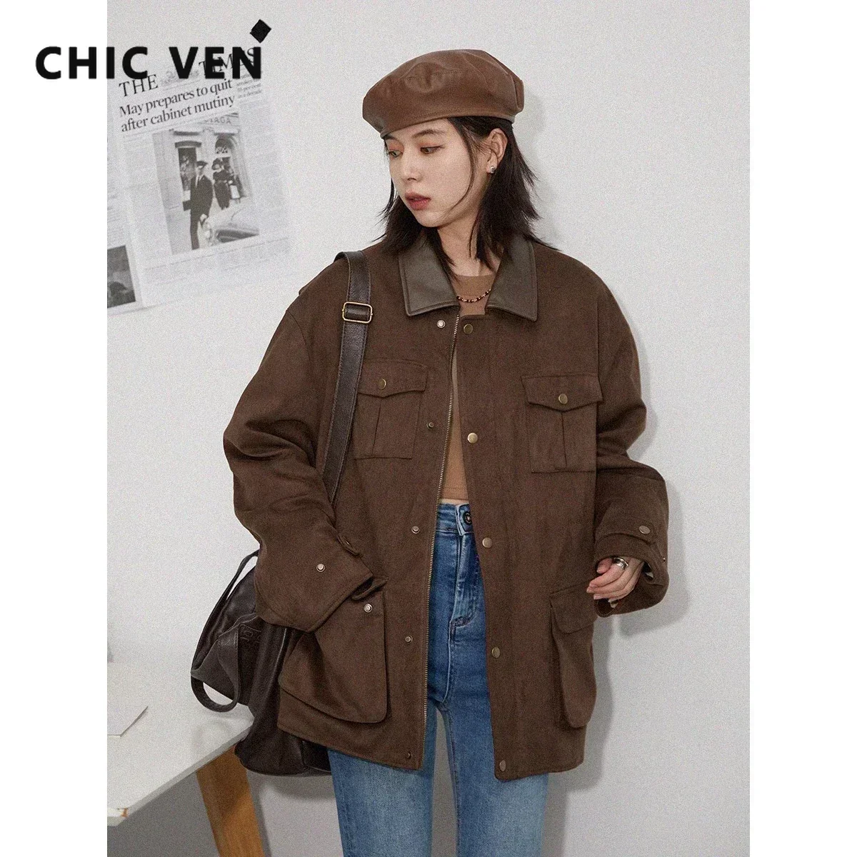 CHIC VEN Women\'s Jacket Solid Loose Long Sleeve Lapel Suede Coats Thick Warm Female Overcoat Plush Winter Autumn 2023