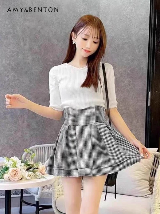

Japanese Sweet Black and White Plaid Splicing High Waist Skirt Pants Preppy Style Cute Lotus Leaf Edge A-line Skirts Mini Skirt