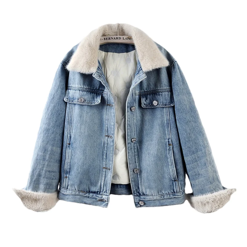 شتاء جديد فو الفراء خفيفة الوزن أسفل بطانة المرأة الضوء الأزرق قصيرة الدنيم سترة عادية التلبيب كم طويل أنثى كاوبوي ملابس خارجية #1