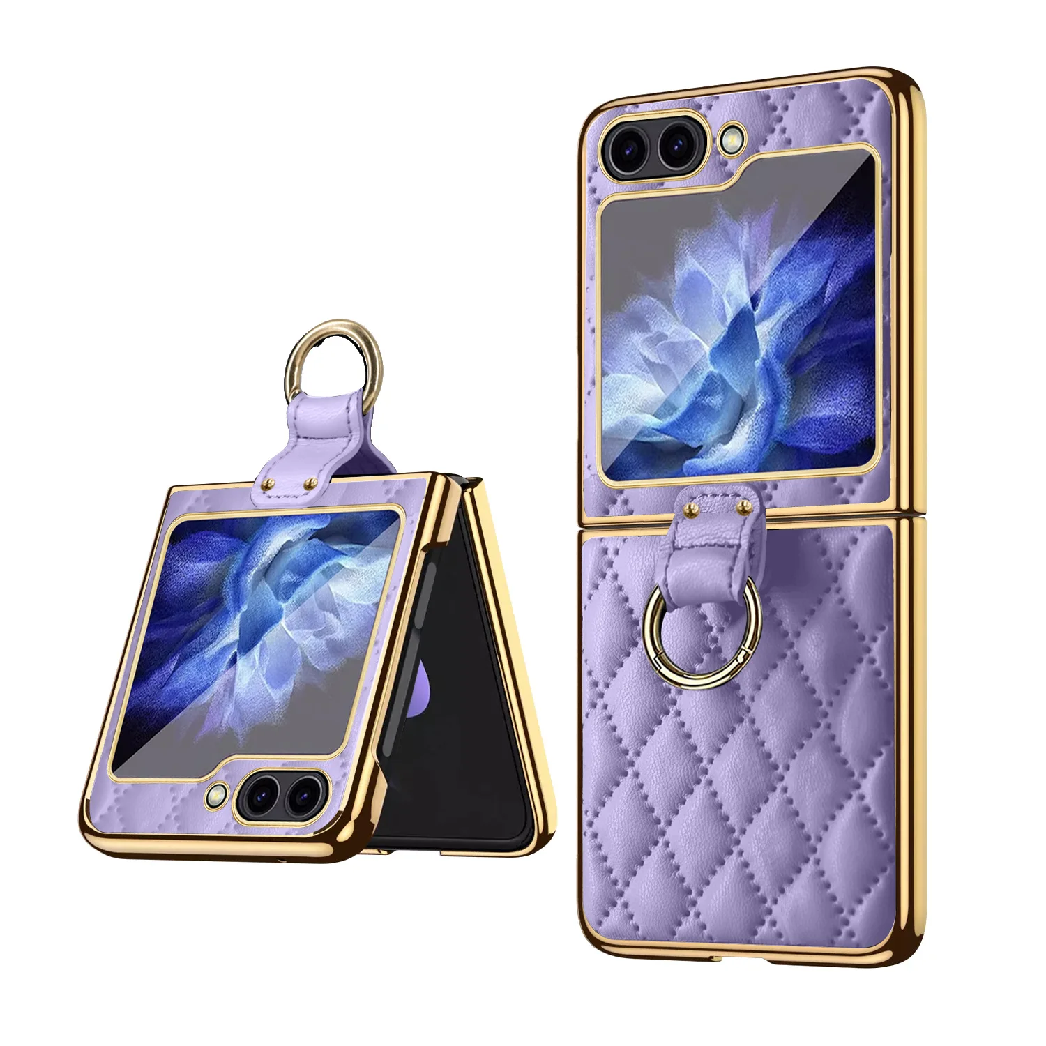 Case for Samsung Galaxy Z Flip 5, Luxury Gold Plated Frame Quilted Leather Ultra Thin Folding Women Case with Ring Holder Camera