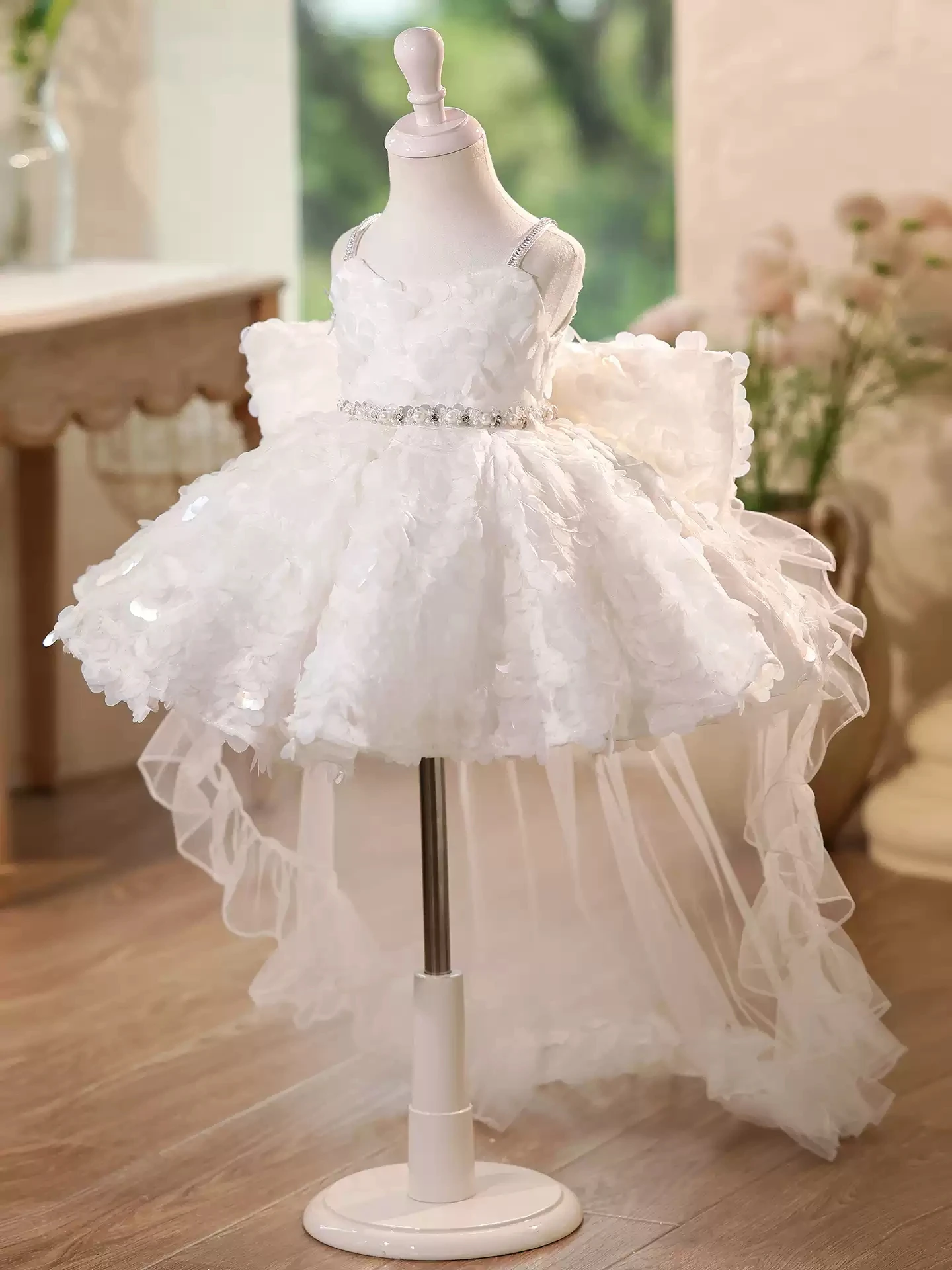 KLFLGD Luxury flower girl wedding little girl dress white children tailing evening dress girl literary performance catwalk dress