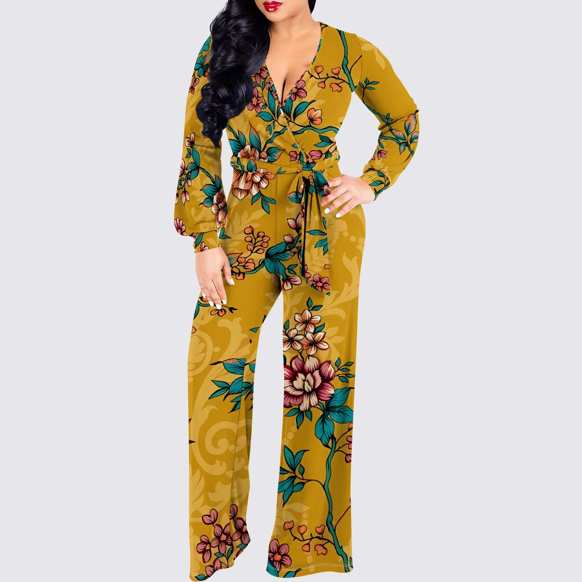 

Yellow Floral V Neck Jumpsuit Long Sleeve Belted Wide Leg Romper Elegant Autumn Outfit