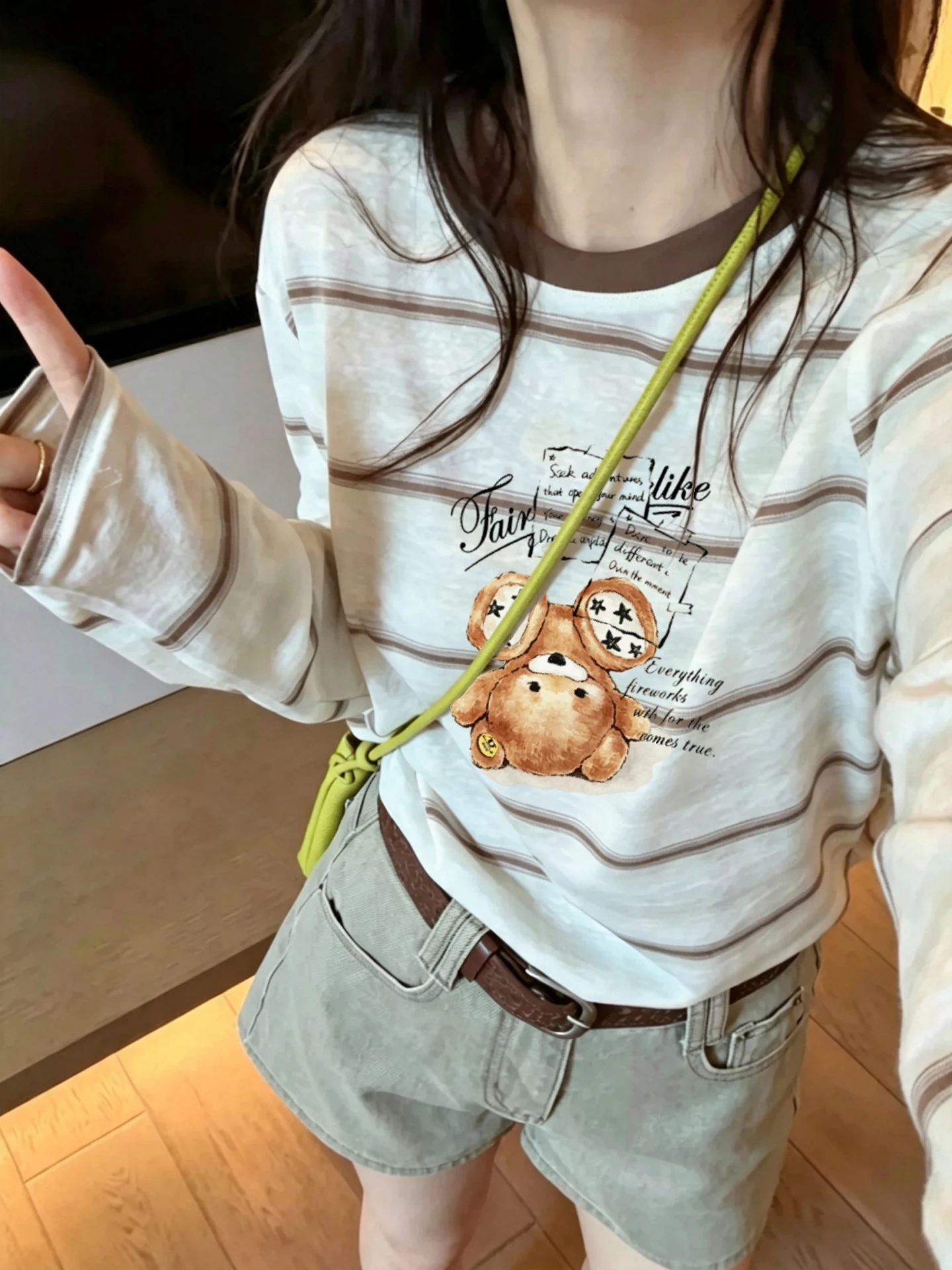 Retro Korean Long Sleeve T-Shirt Women's Cartoon Print Anti-Aging White Stripe Snowflake Cotton Sunshade Cover up