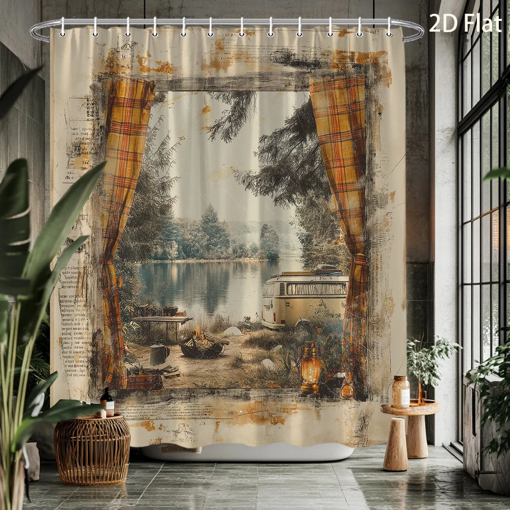 Vintage Rustic Bathroom Shower Curtain Waterproof Watercolor Sketch Landscape Art Boho Home Decor Shower Curtain Liner