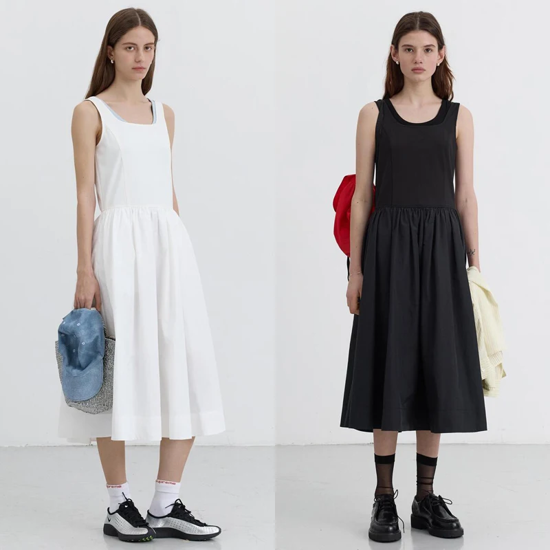 

MICOAT Ageless Lightweight Sporty Vest Skirt Hem Splice Sleeveless Dress Square Collar Mid-Length A-Line Gown