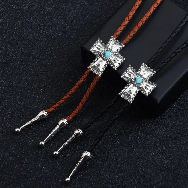 

Western Bolo Tie Faux Leather Rope Necklace with Metal Crosses Stone Pendant Cowboy Jewelry Necktie for Men and Women