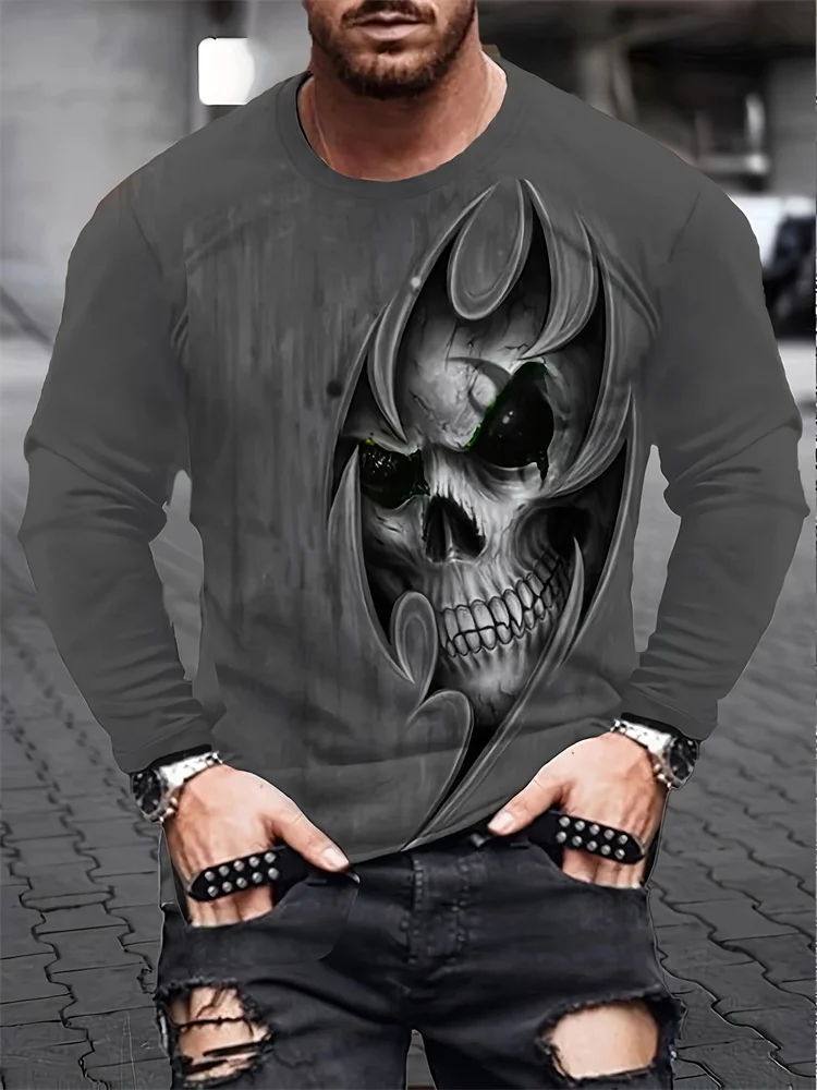 Men's 3D Skull Long Sleeve T-Shirt Blue Flame Graphic Tee Gothic Dark Streetwear Casual Pullover Tops Gift New Style Fashion