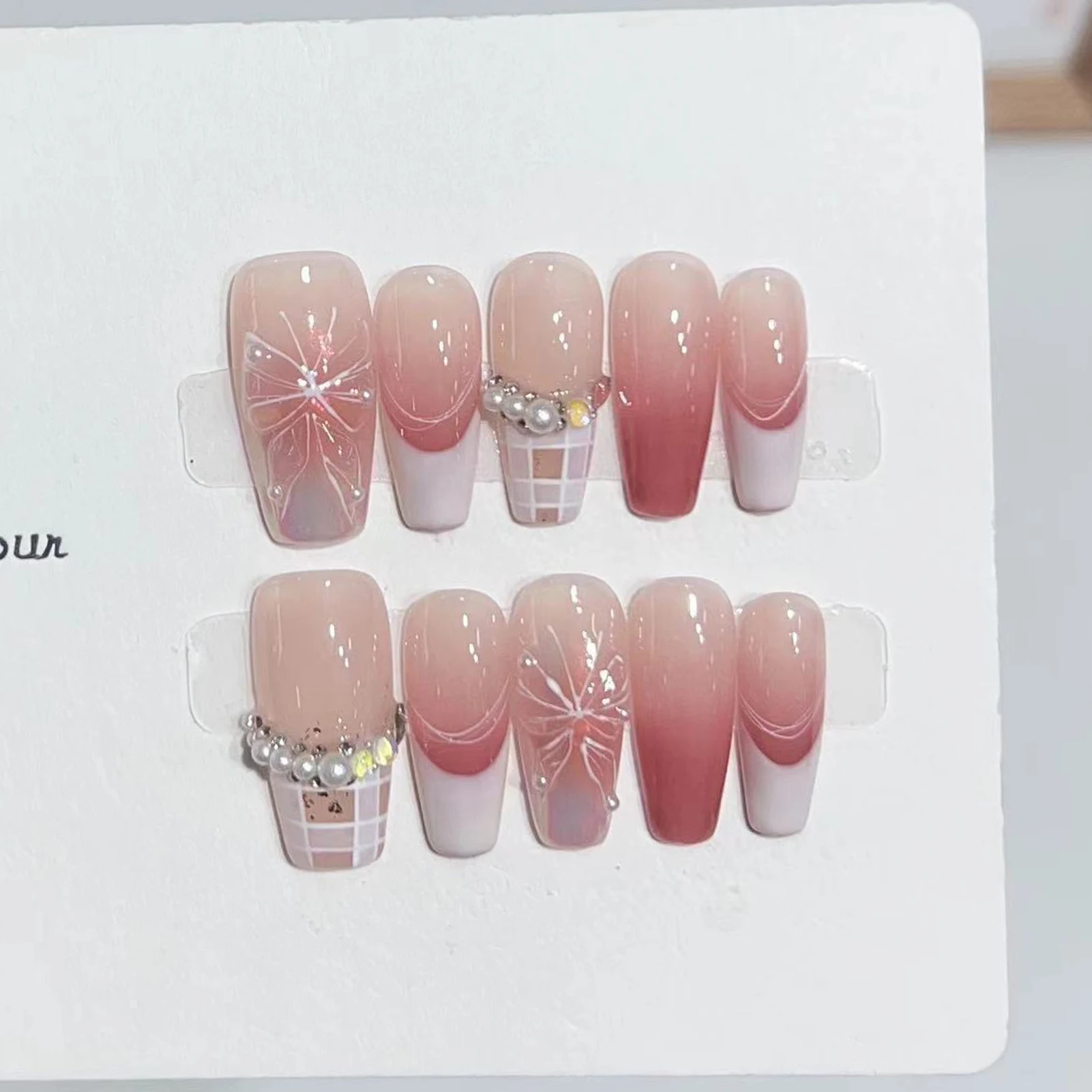 10PCS Women Pink Press on Nails Cat Eye Resin False Nails Handmade French Bow Nails for DIY Nail Manicure Wedding Party Wearing