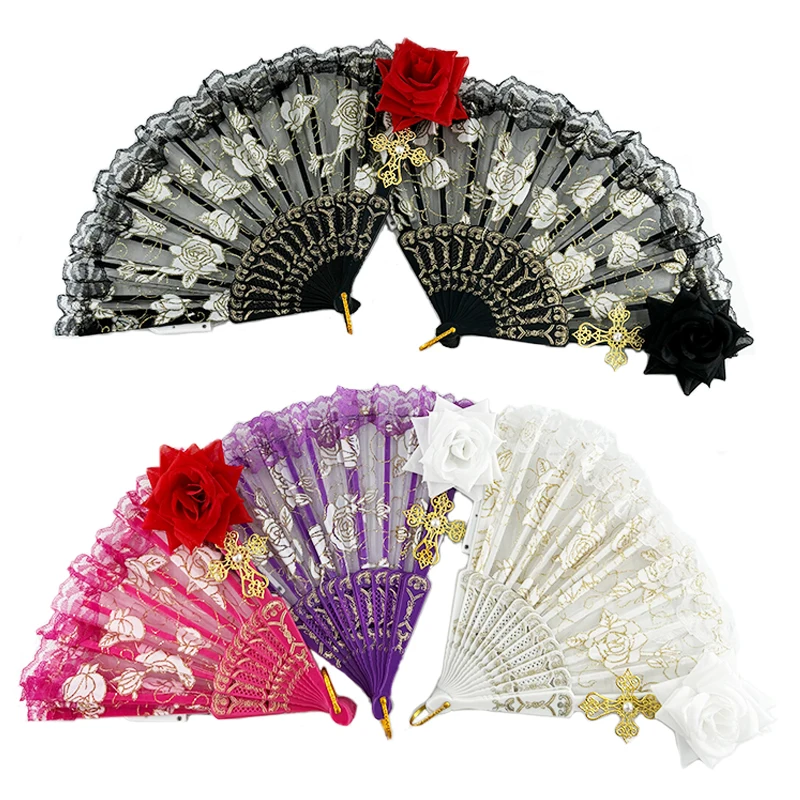 

1 pcs Rose Lace Hand Fan Girls Women Halloween Costumes Props Dancing Performance Party Fan Nightclub Decor Glowing Hand Fan