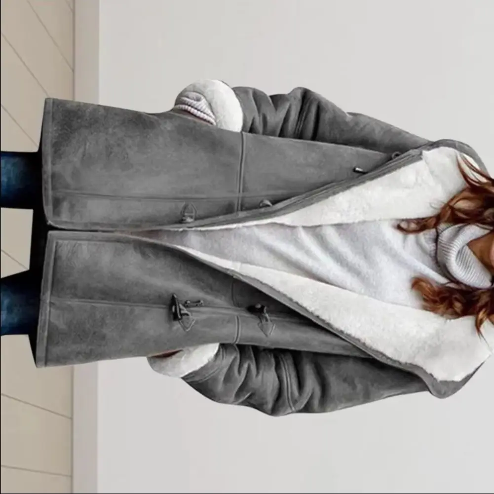 Lady Winter Coat with Hood And Pockets Thickened Fleece lined Faux Suede Mid Length Thermal Jacket Long Sleeve Outdoor Casual Ou