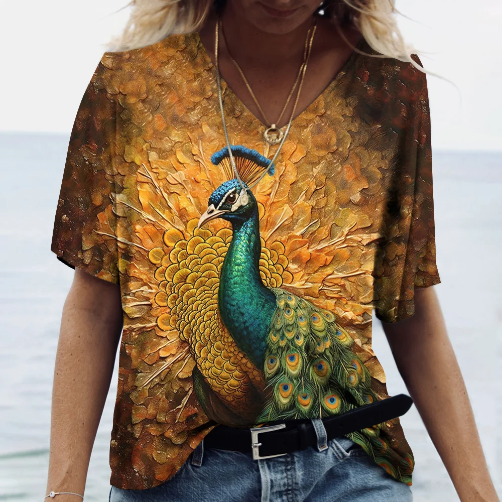 Luxury Peacock Graphic Women\'s T Shirt Summer Loose Ladies Clothes V Neck Oversized Blosue Female Daily Short Sleeve Casual Tees