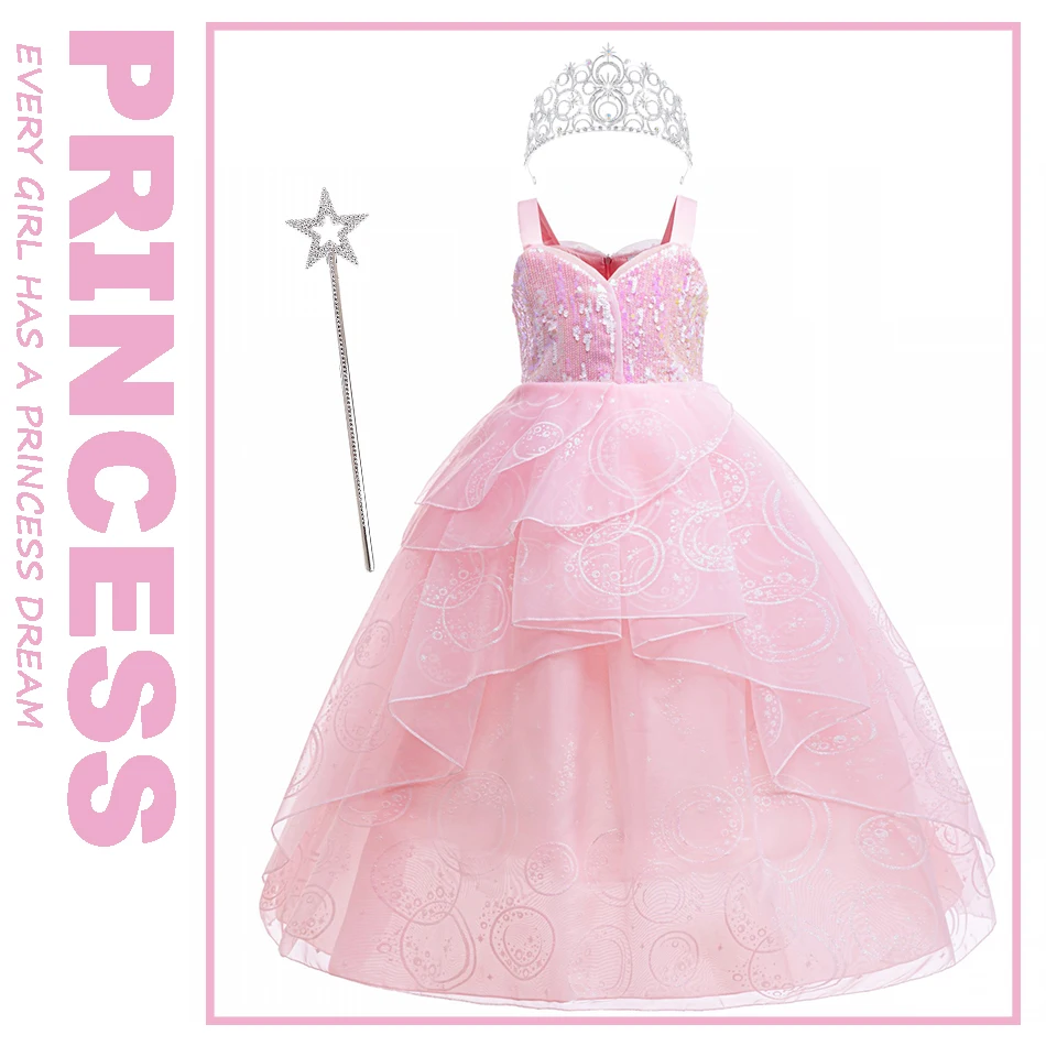 

Girl Princess Dress Magic Bad Witch Cosplay Glinda Pink Dress Girls Show Wedding Gown Halloween Role Play Costume Festive Frocks