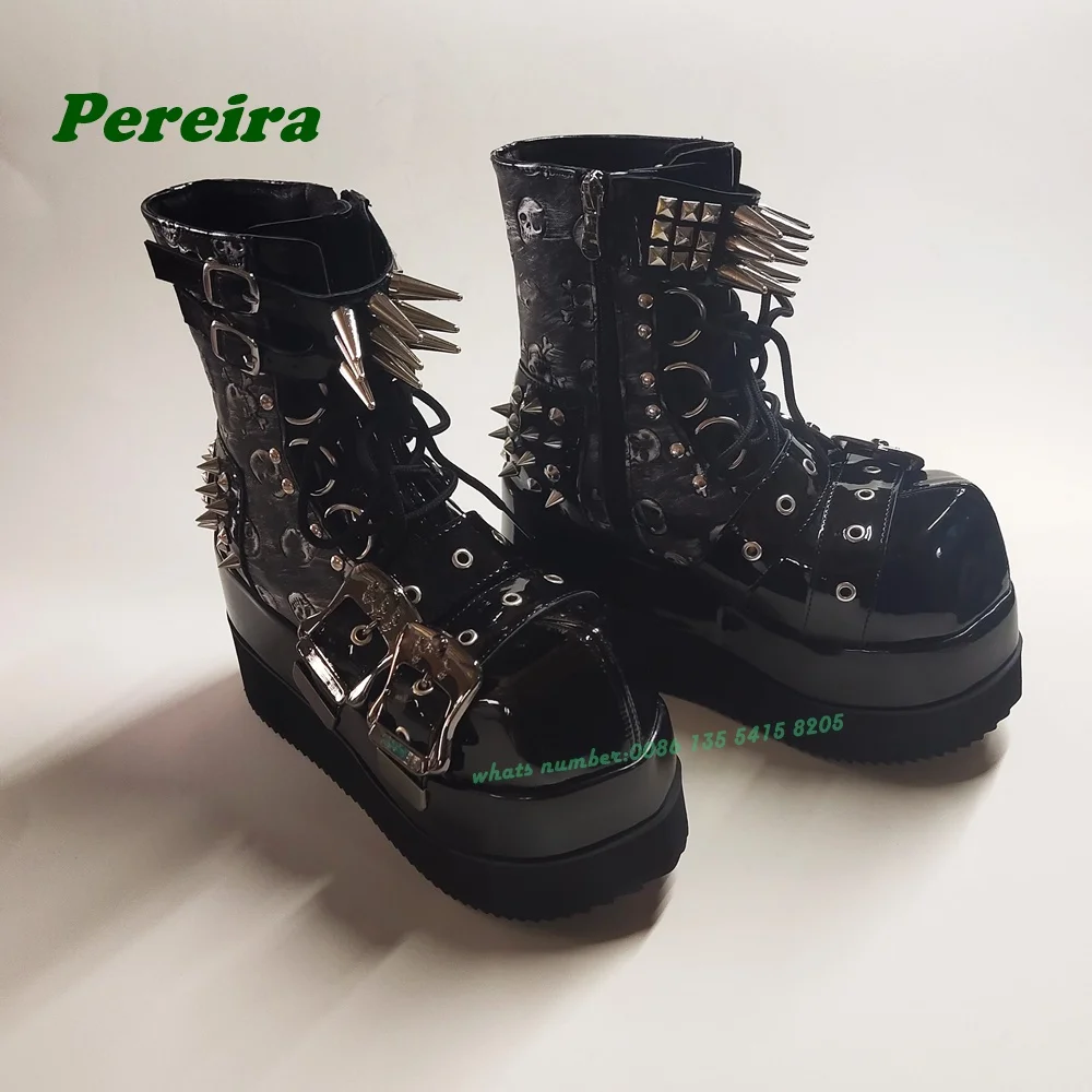 

Rivet Black Glossy Ankle Boots Platform Wedges Side Zipper Punk Sole Women's Boots Solid Buckle Gladiator Shoes Dark Gothic