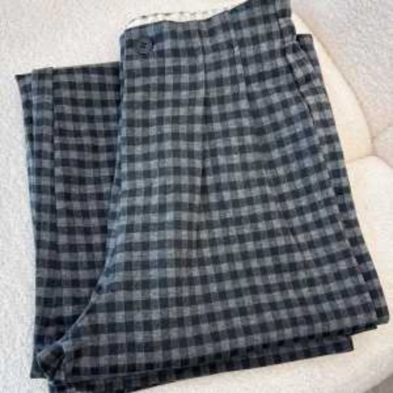 Women High Waist Plaid Wide Leg Pants Checkered Pattern Casual Loose Trousers