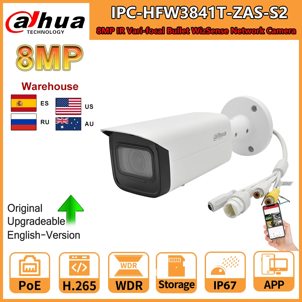 Dahua 8MP IP Camera 4K 5X Zoom Motorized 2.7–13.5MM Bullet IPC-HFW3841T-ZAS-S2 POE SD Card Slot 2-Way Audio Alarm IR 60M IP67