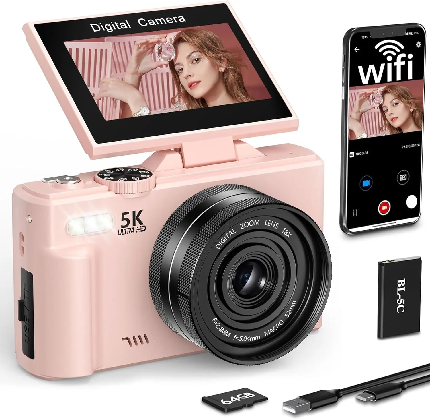 

5K Digital Camera with WiFi, 75MP Autofocus, 180° Flip Screen for Vlogging & Travel, Compact Kit for Beginners