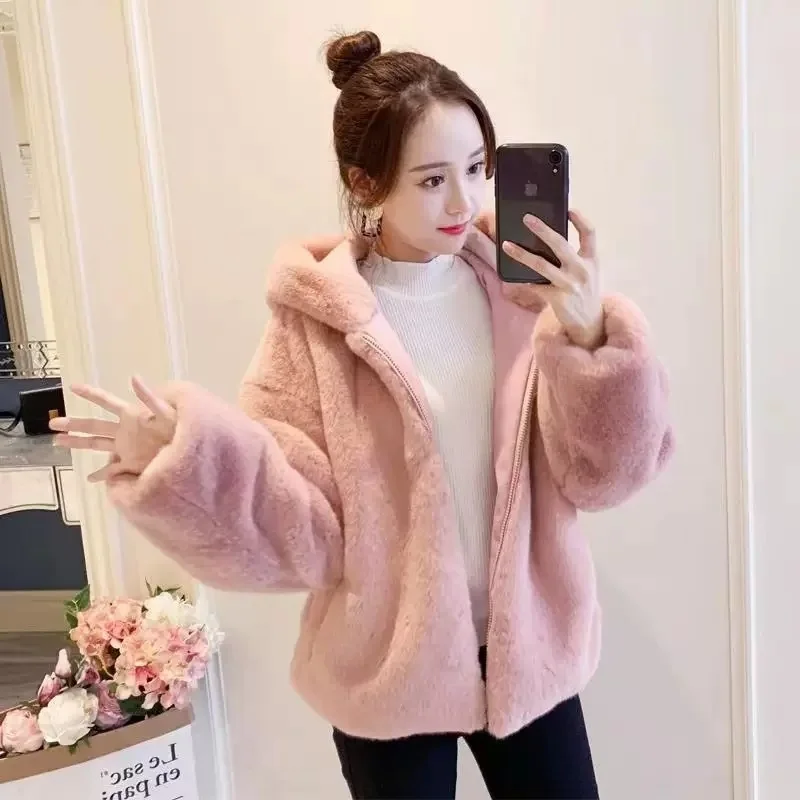 UHYTGF Faux Fur Coat Women Outwears Autumn And Winter Coat For Women Hooded Rabbit Mink Jacket Fashion Fluffy Tops 999