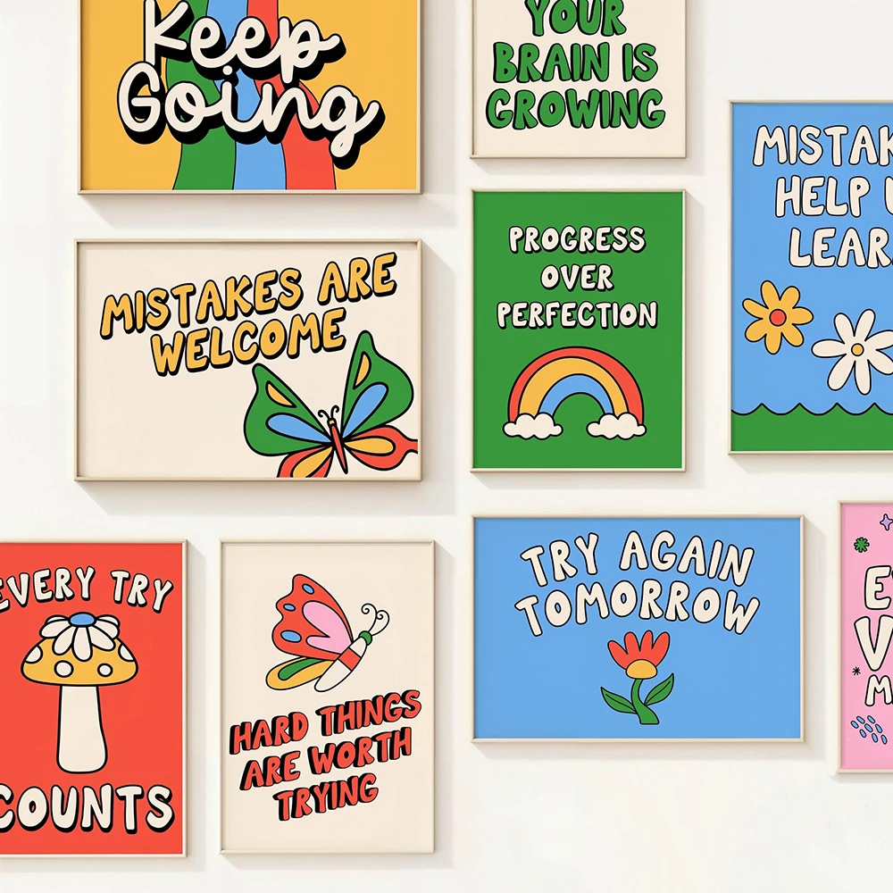 Teacher Classroom Poster Growth Mindset Classroom Decor Retro Rainbow Wall Art  Canvas Painting Fun Quotes Print Pictures Murals
