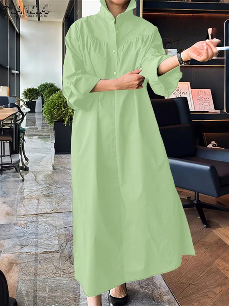 Vrouwen Herfst OL Werk Jurken ZANZEA 2025 Elegante Revers Hals Lange Mouw Jurk Gewaad Femme Stijlvolle Effen Knoppen Up Zonnejurk