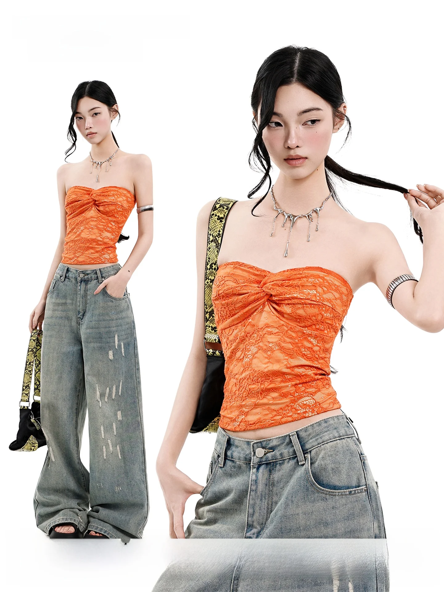 

UNCMHISEX Оранжевый сексуальный кружевной топ-бандо с узлом, женская летняя одежда для улицы, облегающий топ для стройных девушек