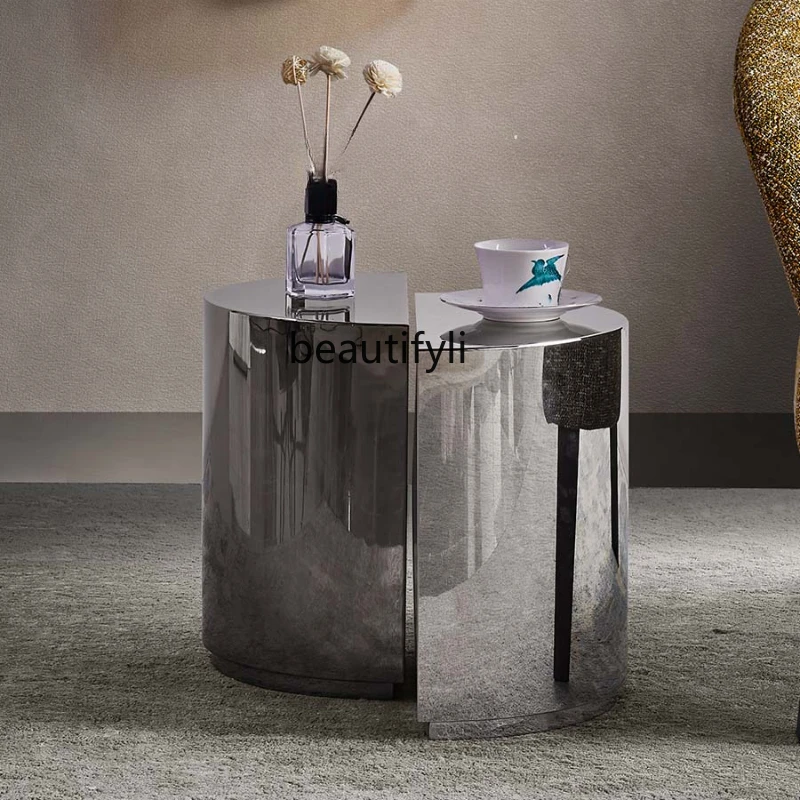 Corner Table Italian Metal Sofa Corner Table Living Room Simple Stainless Steel Mirror Semicircle Side Table