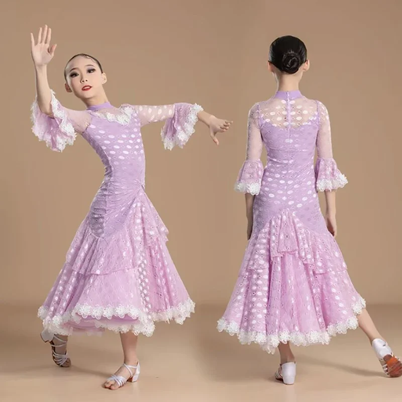 Paars Kant Wals Tango Ballroom Jurk Kinderen Meisjes Professionele Prinses Grote Visgraat Rokken Moderne Dansen Danskleding Kostuums