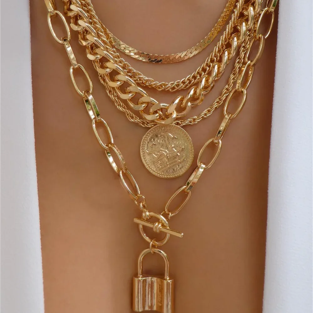 Vintage Fashion Punk Thick Chain Head Coin Lock Pendant Necklace For Women Female Multilevel Gold-plate Hip Hop Jewelry Gfit