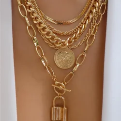 Vintage Fashion Punk Thick Chain Head Coin Lock Pendant Necklace For Women Female Multilevel Gold-plate Hip Hop Jewelry Gfit