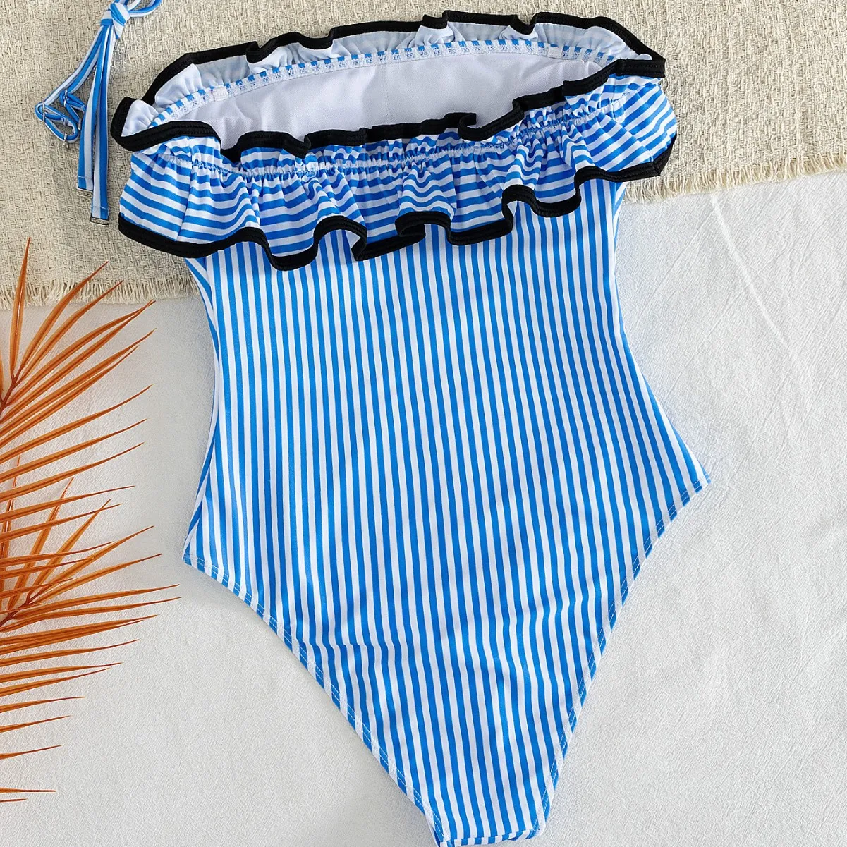 Women Grid Plaid Strapless One Piece Suits Swimsuit Ruffle Trim Front Bow Sportswear High Cut Monokini Beach Bathing Suit