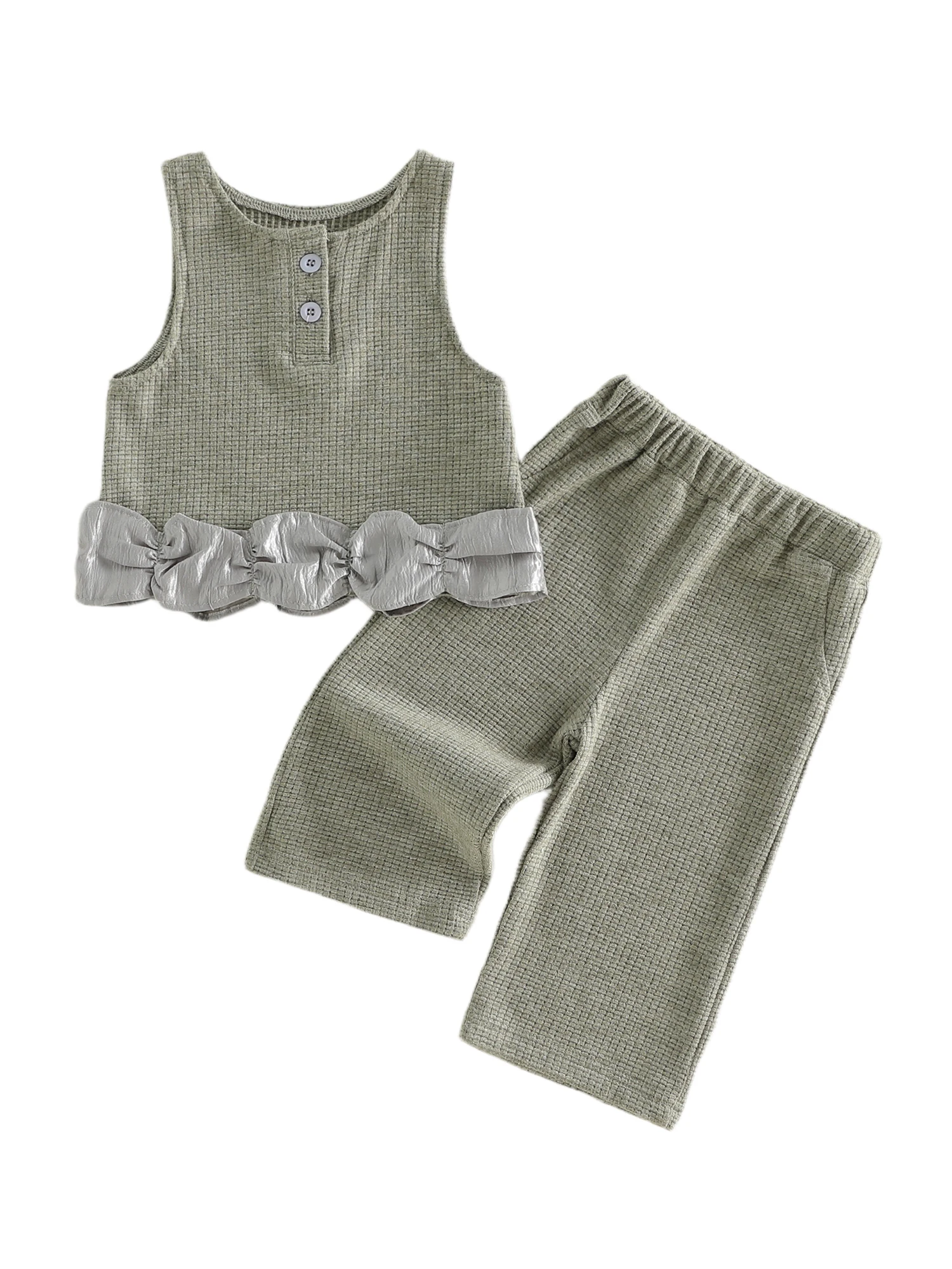 

Комплект из двух предметов для девочек: топ без рукавов и брюки с круглым вырезом и рюшами, идеально подходящий для летних нарядов.