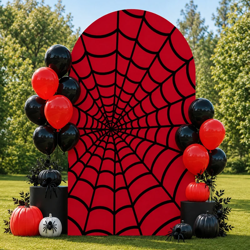 

Red Black Spider Web Arch Backdrop Cover Custom Name Superhero Theme Kids Boy Birthday Party Photography Background Decor Prop