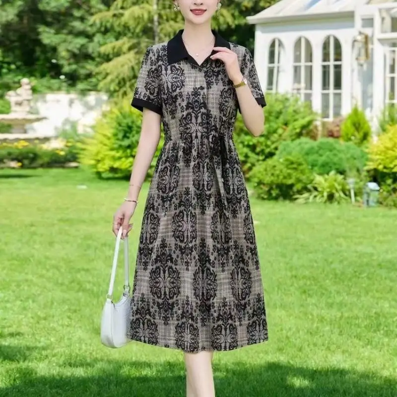 

2026 Lapel Button Pockets Printed Vintage Dress Women's Clothing Summer New Loose Short Sleeve Office Lady Floral Dress
