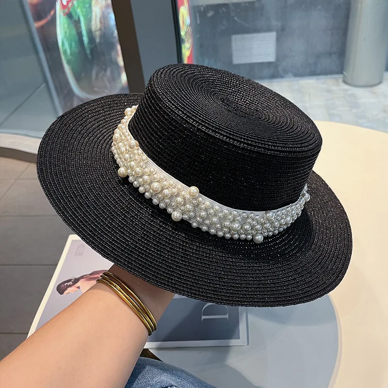 2023 New Flat Top Straw Hat Pearl Decoration Leisure Summer Sunscreen Hat Women\'s Fashionable Beach Boater Hat Gifts