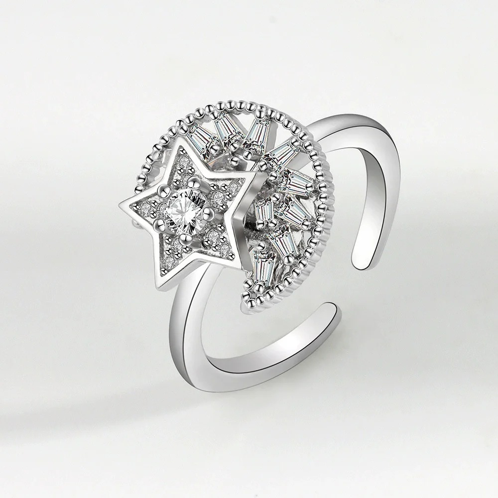 VENTFILLE 925 Sterling Silber Mond Und Sterne Zirkon Drehbare Ring Für Frauen Geschenk Diamant Stress Lindern Ring Schmuck Großhandel