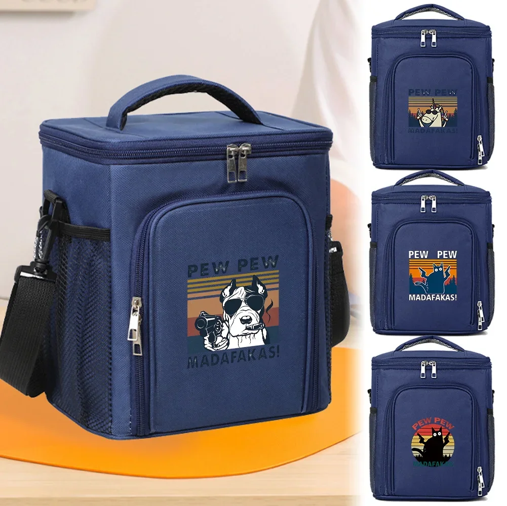 Front Opening Double-layer Dark Blue Ice Pack Portable Outdoor Activities Case Pew Printing Series Insulated Thermal Lunch