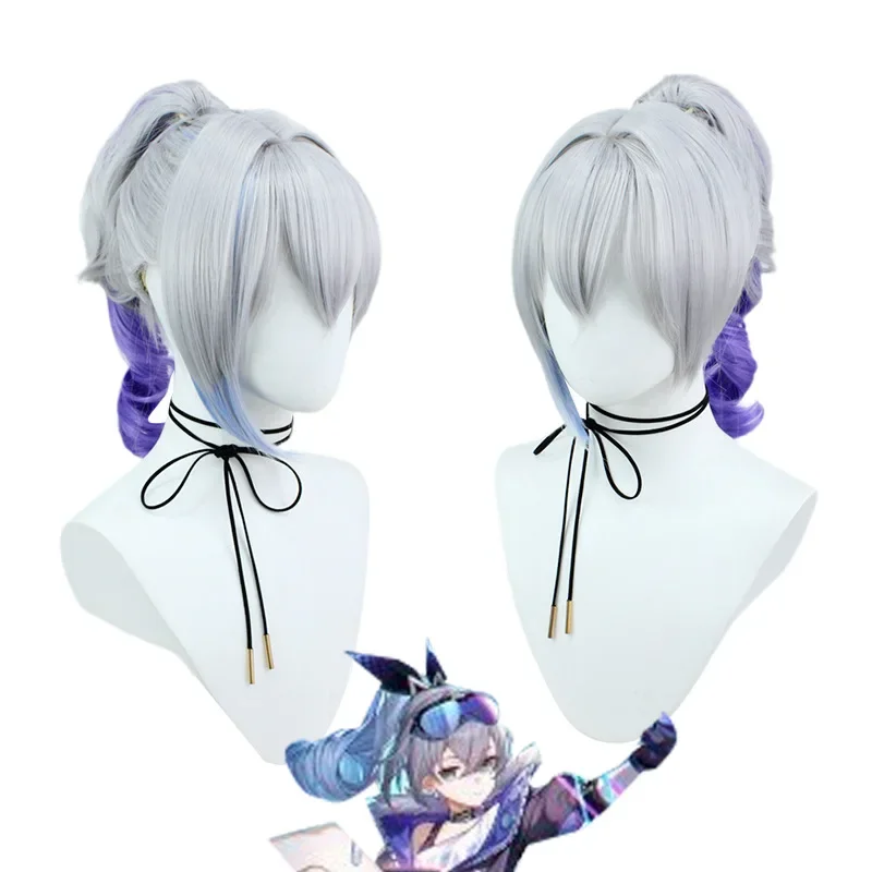 

40CM Honkai Impact3 Star Rail Silver Wolf Blue Mix Gradient Horsetail Wig Cosplay Costumes Props Accessories for Performance