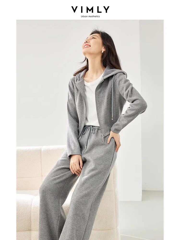 Vimly Two Piece Women\'s Sports Suit Gray Outfits Crop Hoodie Jacket Sweat Pant Sets 2024 Spring Sweatsuit Female Clothes M3862