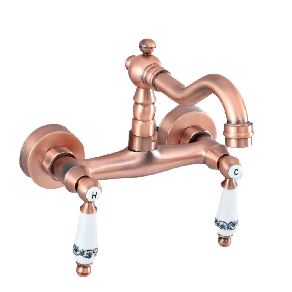 

Wall Mounted Bathroom Faucet Antique Red Copper Finish Dual Ceramic Handle Washbasin Mixer Vessel Sink Faucets Lsf907
