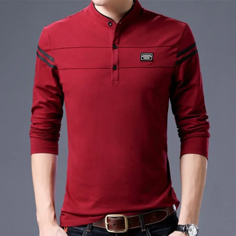 Male Sweatshirts Tight Red Splicing Unicolor Mens Polo Shirts Slim Fit Plain Pullover Long Sleeve High Quality Social New Tee Xl