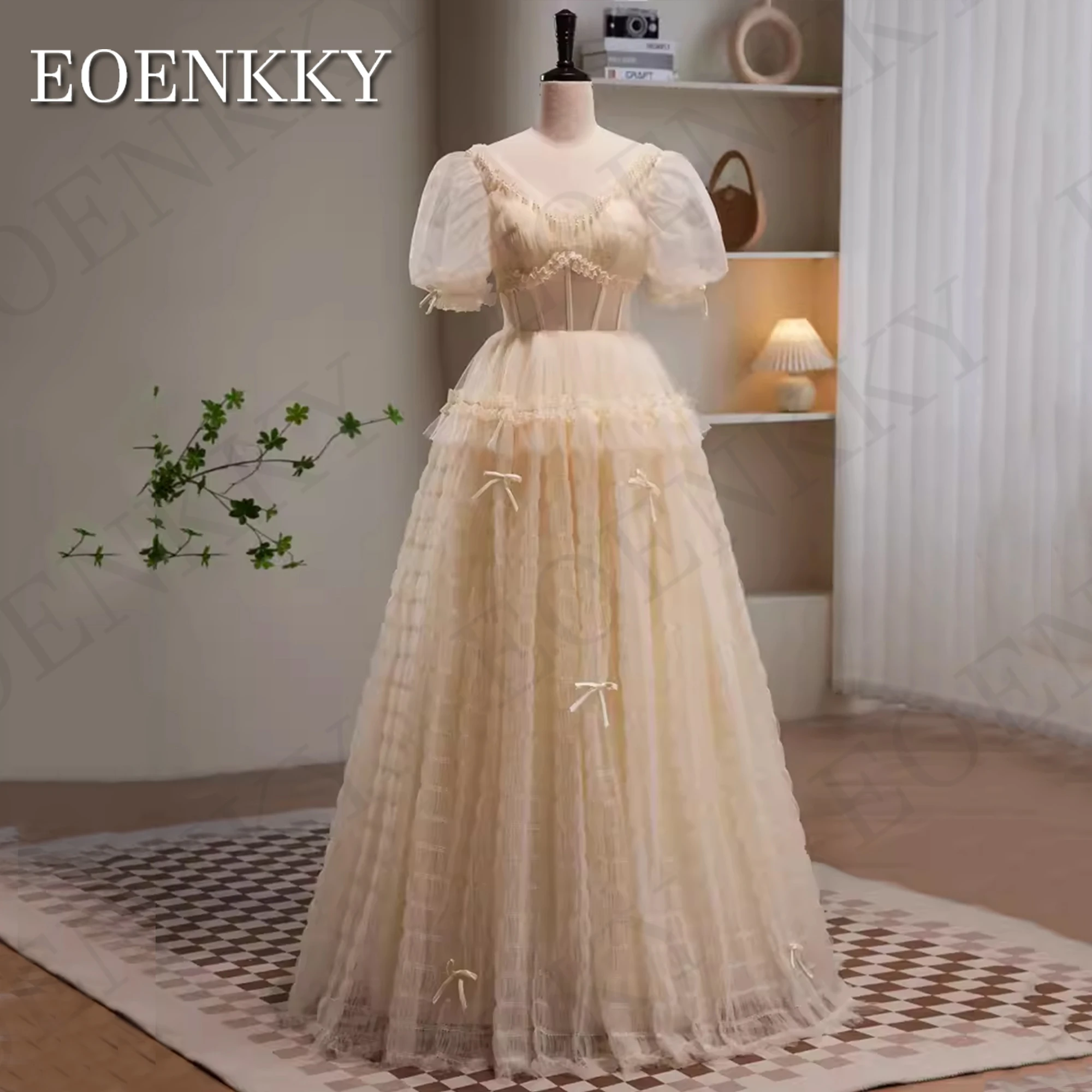 Puff Sleeves Princess Prom Dresses Women Elegant Long Tulle Tiered Special Occasion Dress Pearls V Neck A Line Champagne Elegancka długa sukienka z bufiastymi rękawami dla księżniczki  Tiulowa sukienka na specjalną oka