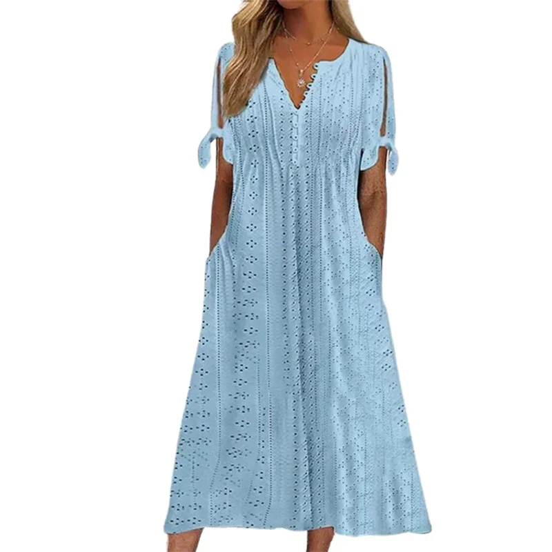 

Elegant Hollow Out Breathable Women Dresses Split Lace-up Petal Short Sleeve Button Splice V Neck Dress New Double Pockets Gown