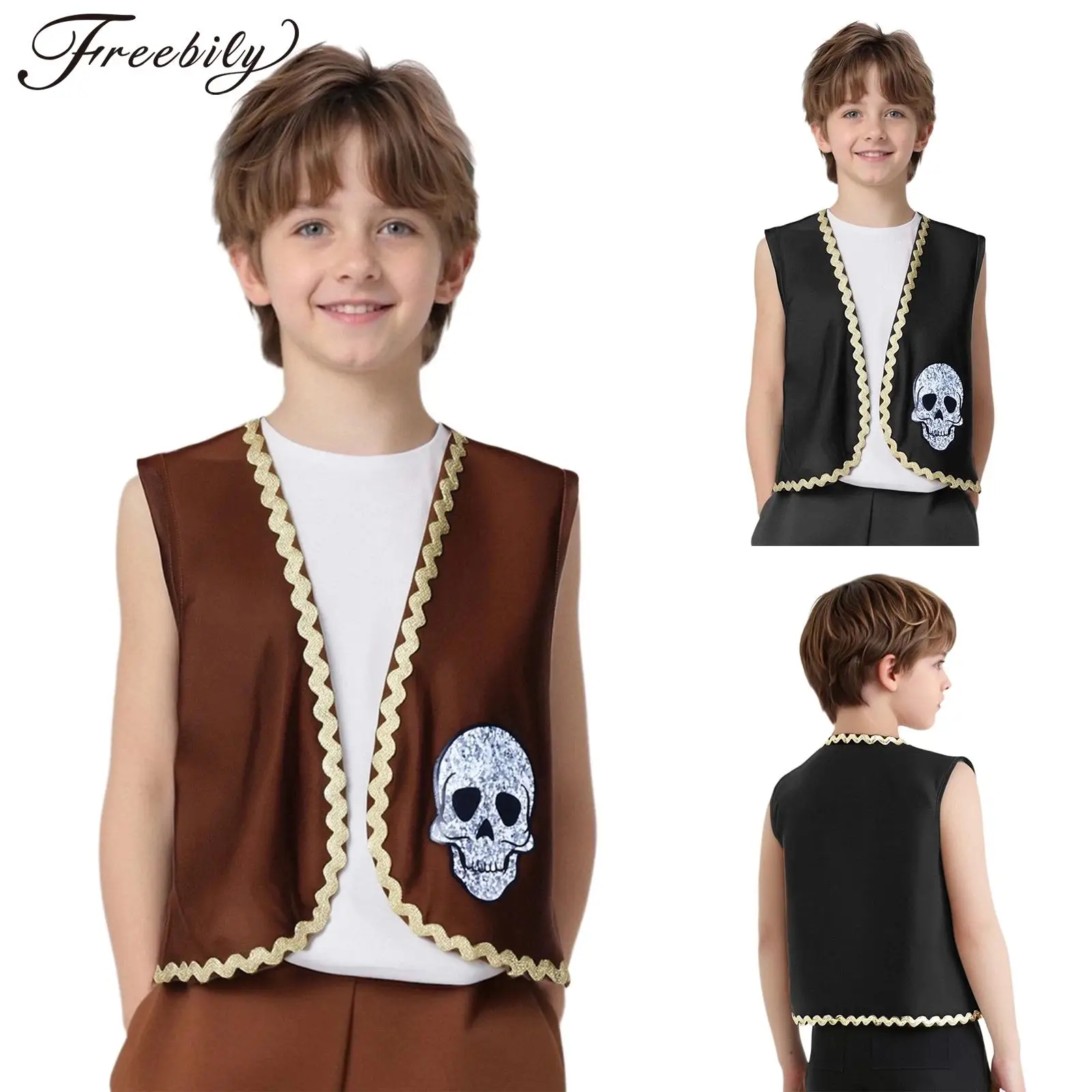 

Детский костюм капитана пирата для косплея, средневековый Ренессанс, викторианский жилет викингов, жилет с открытой передней частью и принтом костей черепа, топы