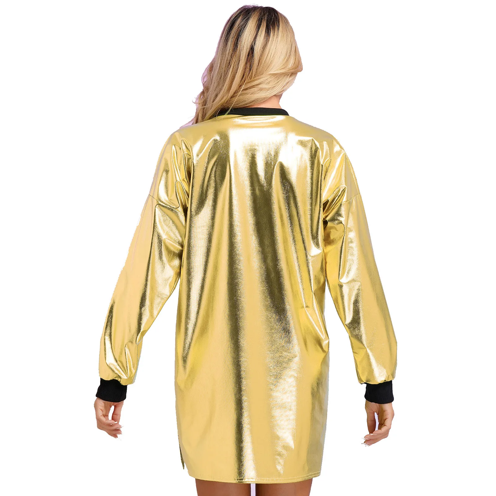 Dames Metallic Glanzende T-Shirt Jurk Met Ronde Hals En Lange Mouwen Rib Trims Losse Rechte Jurk Voor Discodans In De Nachtclub