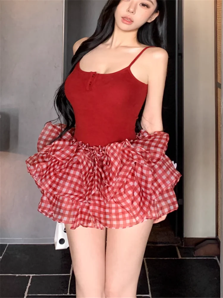 

American Style Spicy Girl Red 2 Piece Dress Sets Summer Fashion Matching 2pc Short Camis Top&Plaid Organza Puffy Mini Bud Skirt
