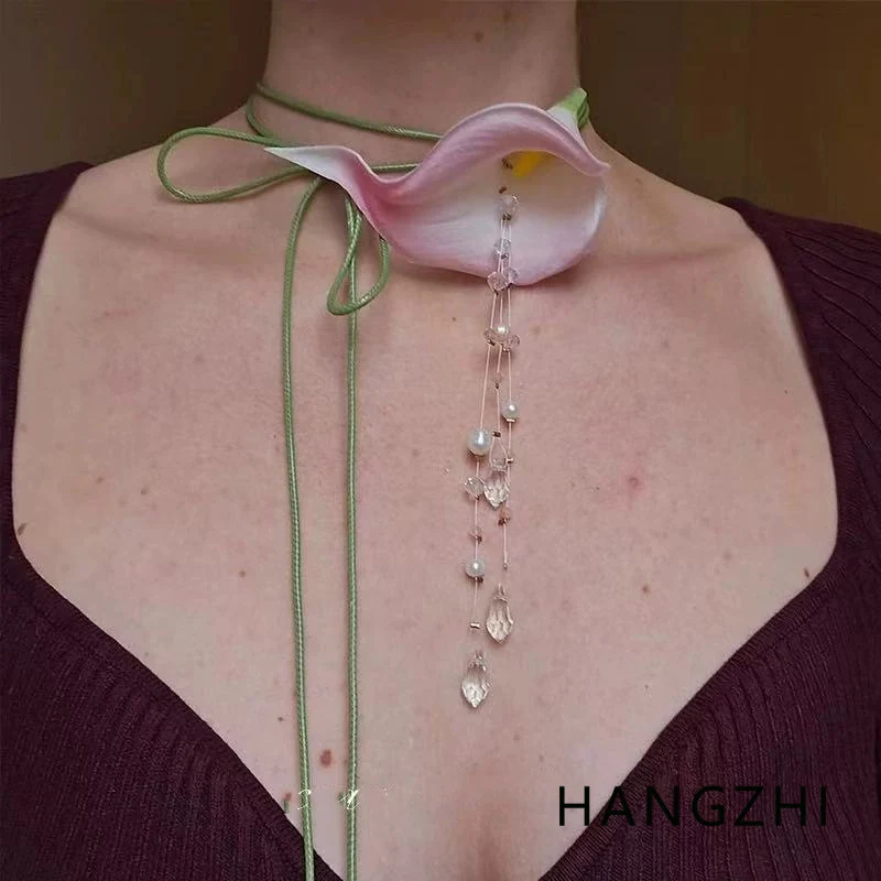 HANGZHI colorido Calla Lily con cuentas colgante corbata collar INS francés Vintage elegante flor joyería para mujeres primavera nuevo