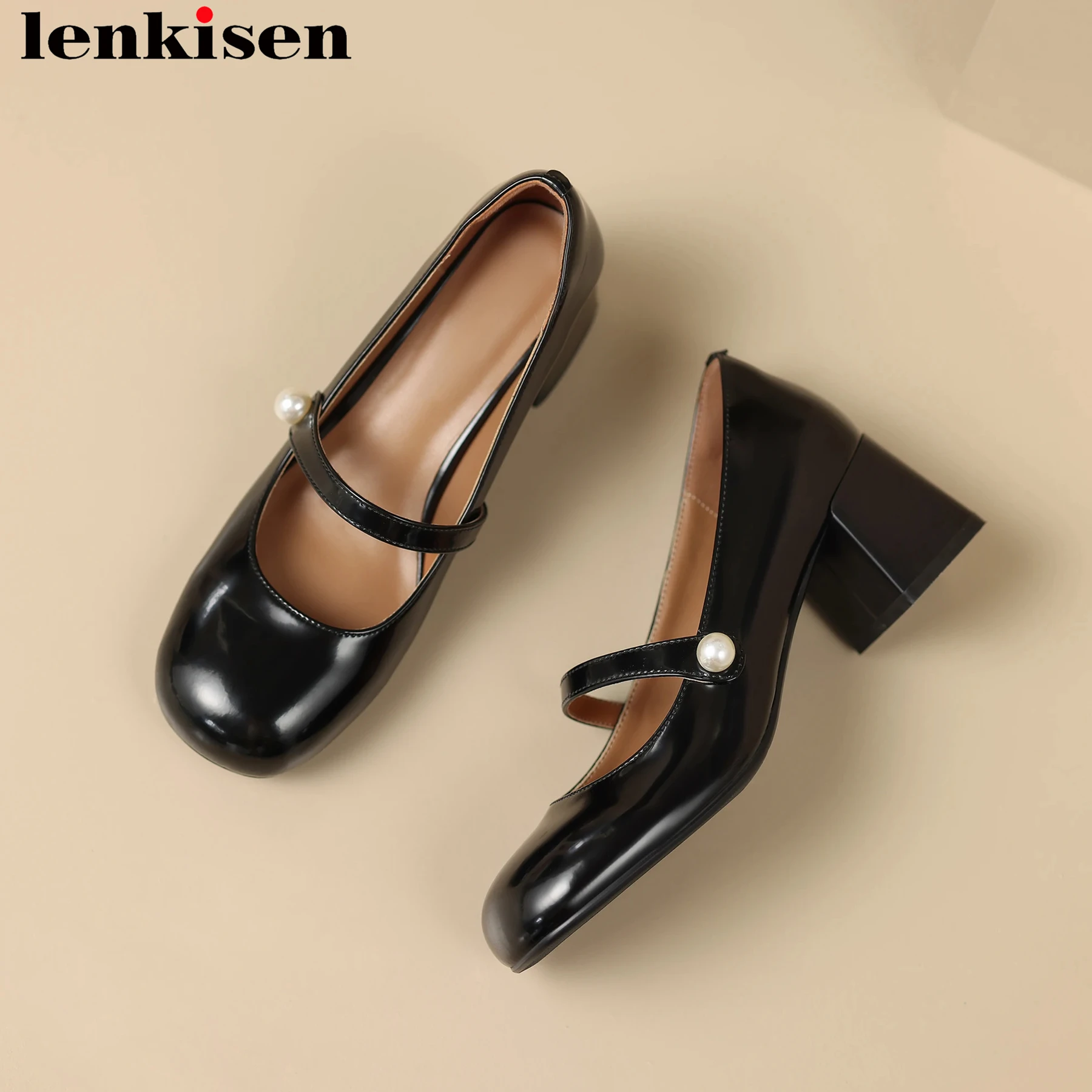 

Lenkisen Superstar Cow Leather Mary Janes Shallow Round Toe High Heels Pearl Spring Autumn Shoes Office Lady Sweet Women Pumps