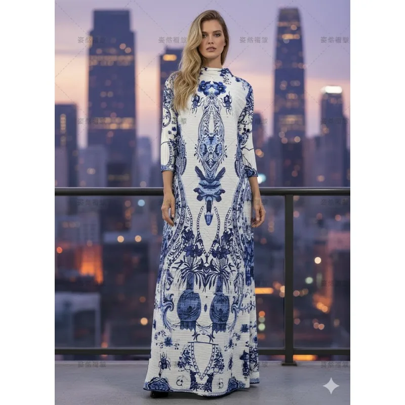 

Abaya Miyake Pleated Trench Coat Plisse 2026 Spring New Black and Gold Robe Organza Pleats Abaya Plus Size Muslim Fold Dresses